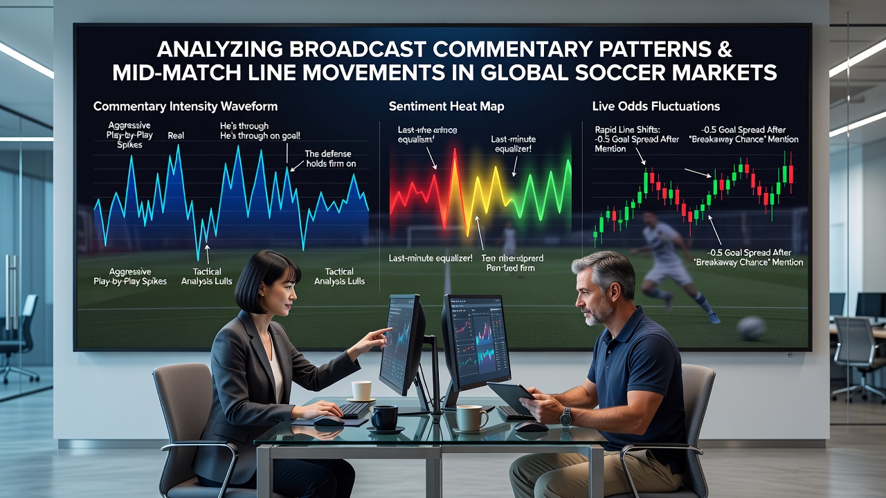 Soccer broadcast team analyzing live action during an international match