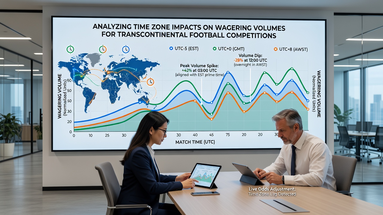 Heatmap illustrating peak betting hours in different global regions for transcontinental soccer games