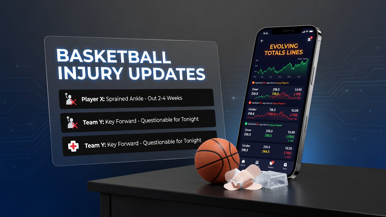 Mobile app screen displaying basketball totals lines adjusting after injury news during a live game