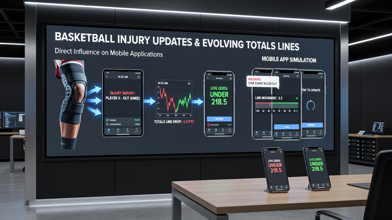 Analytics dashboard showing totals line movement correlated with basketball injury reports over a single game day