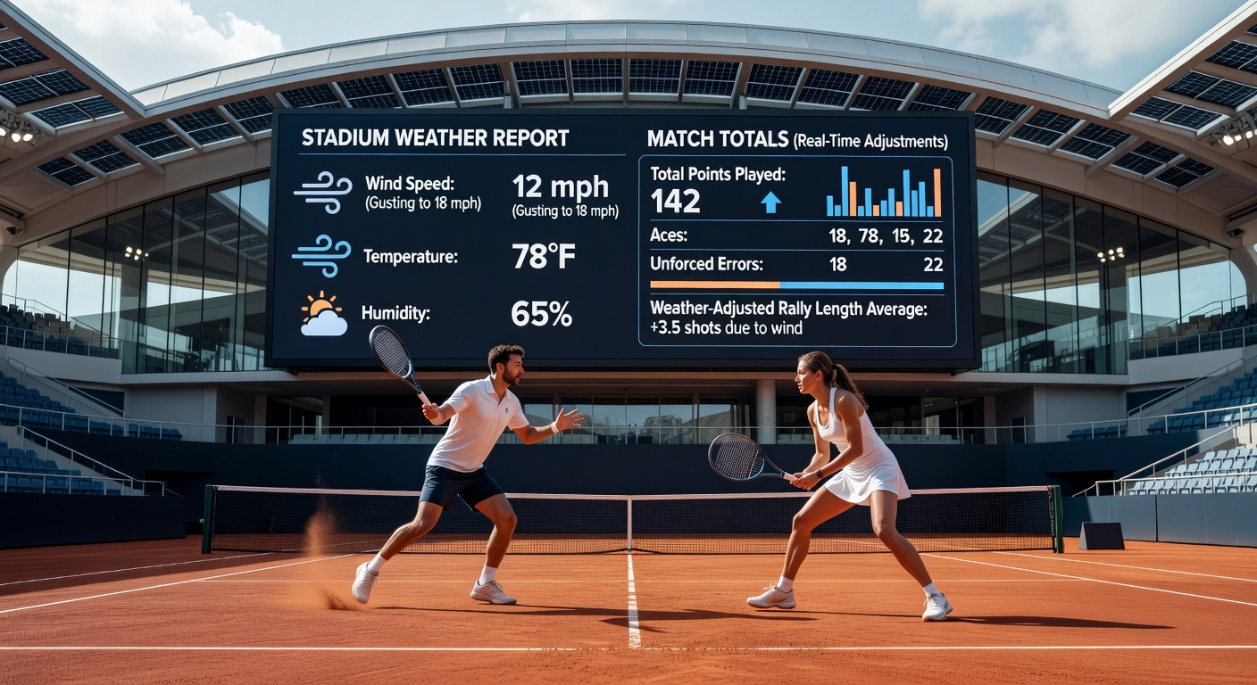 Digital betting interface displaying updated tennis match totals alongside live weather data