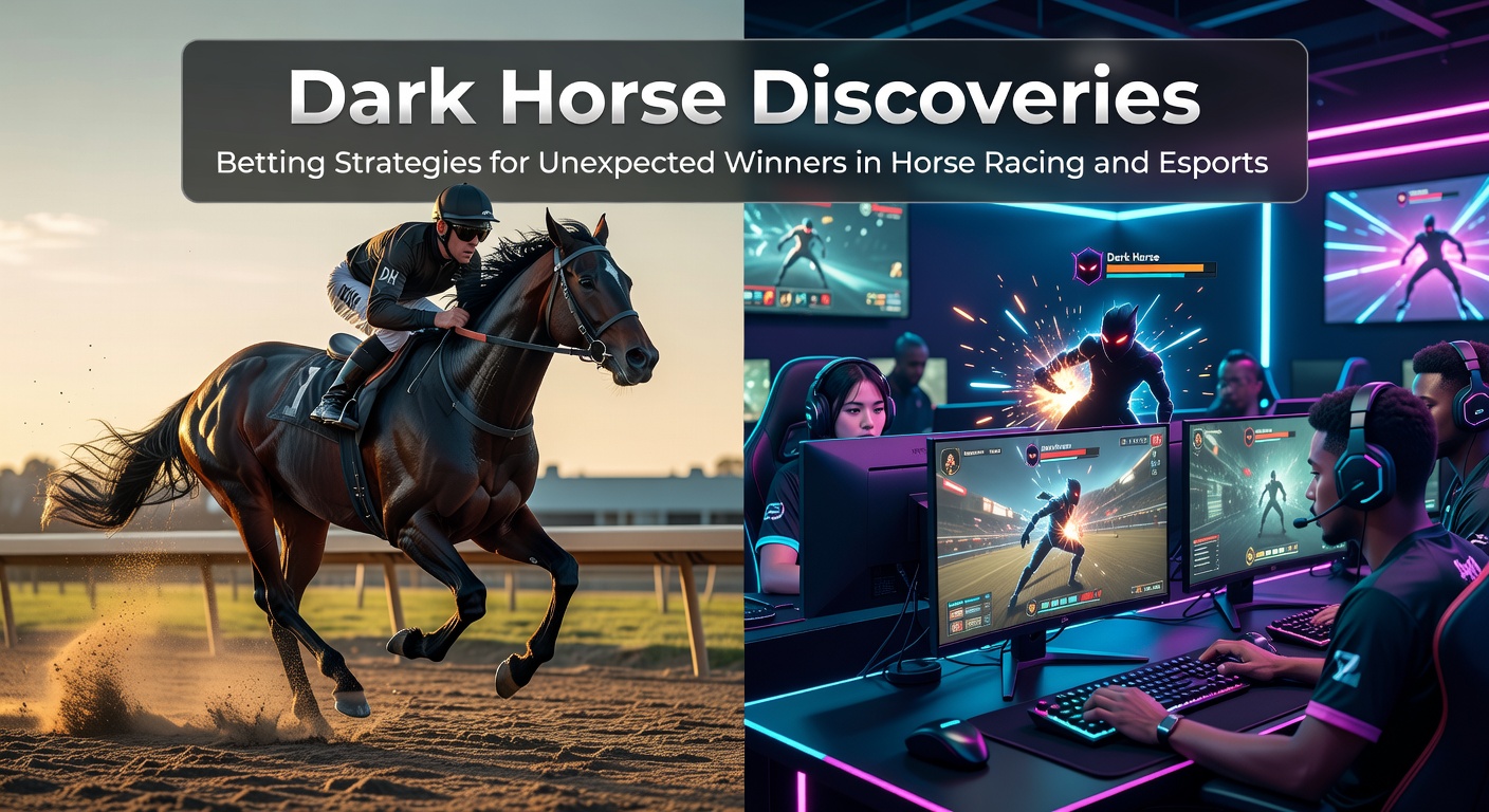 A dark horse galloping ahead in a crowded race, symbolizing unexpected triumphs on the track