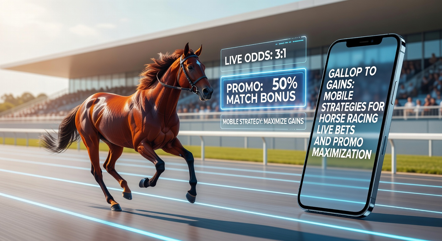 Thrilling horse race in progress with mobile phone displaying live odds overlay