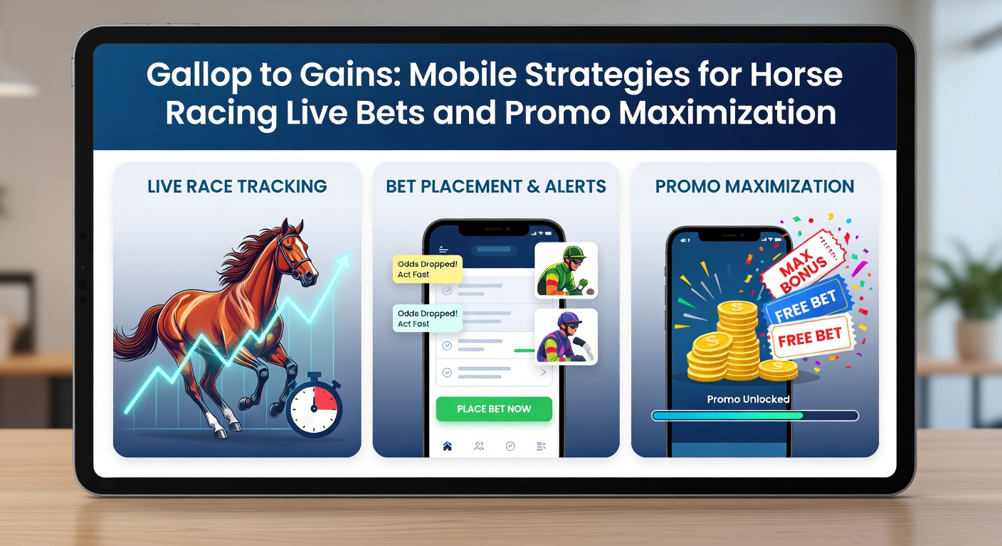 Mobile app interface showing live horse racing odds, promotions, and betting slip during a race