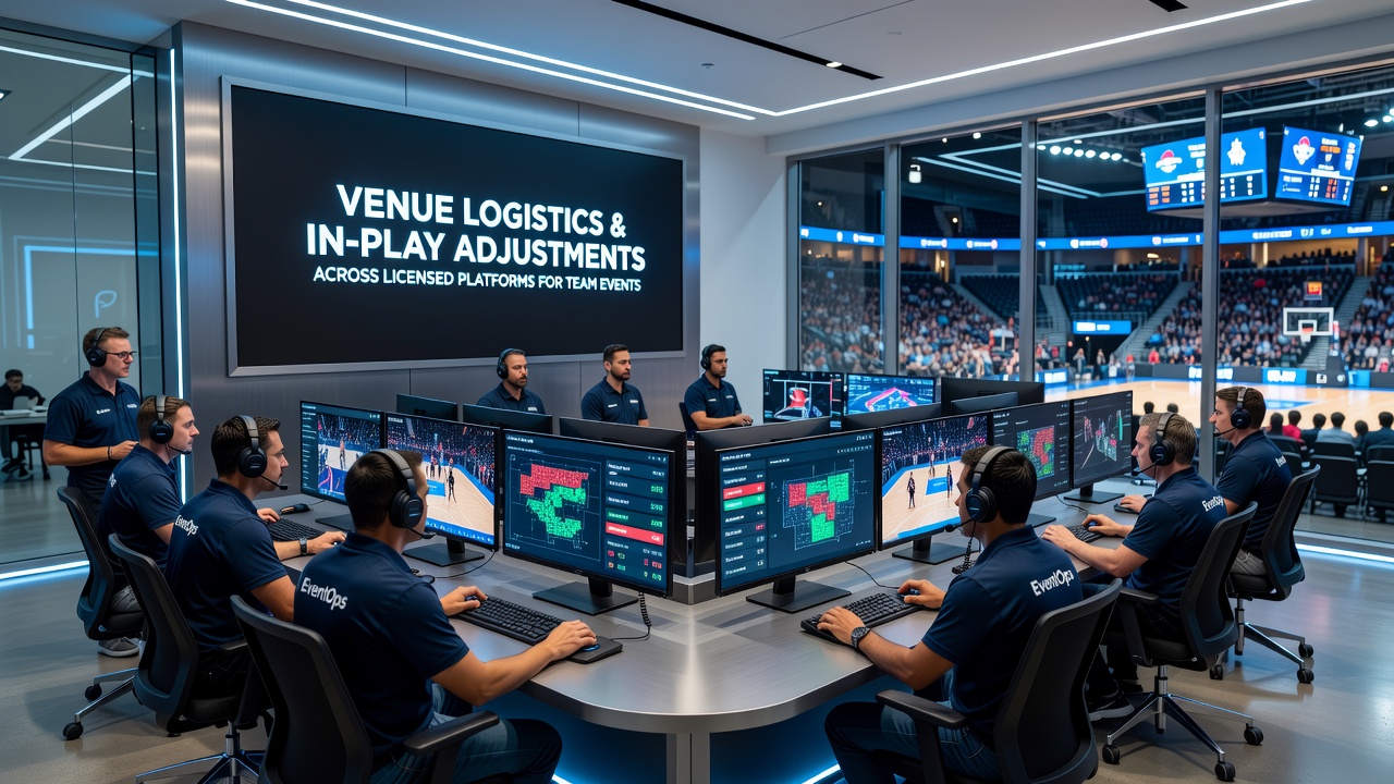 Live operations center monitoring venue feeds and adjusting betting markets during a team event