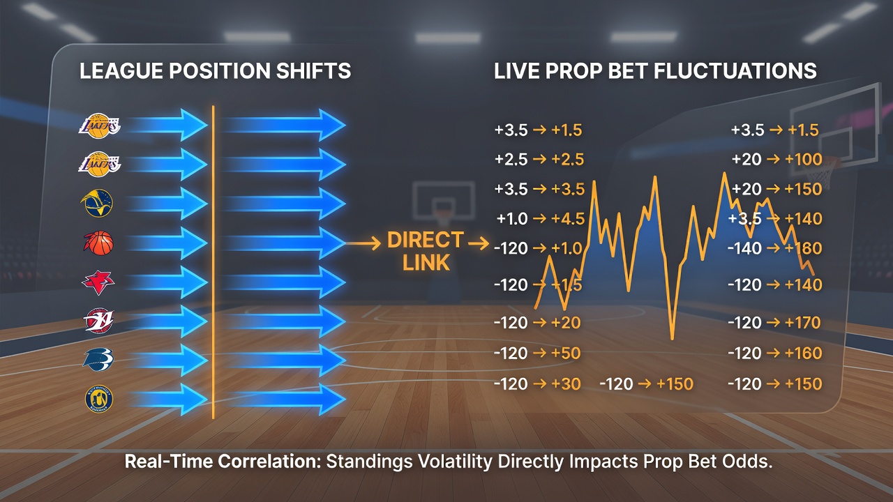 Live basketball game action with overlaid prop bet odds changing in real time during a key matchup
