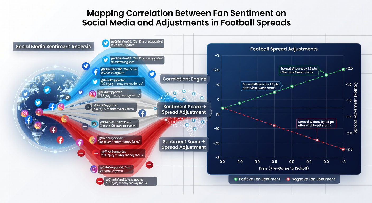 Chart displaying correlation coefficients between social media sentiment scores and NFL spread adjustments over multiple weeks