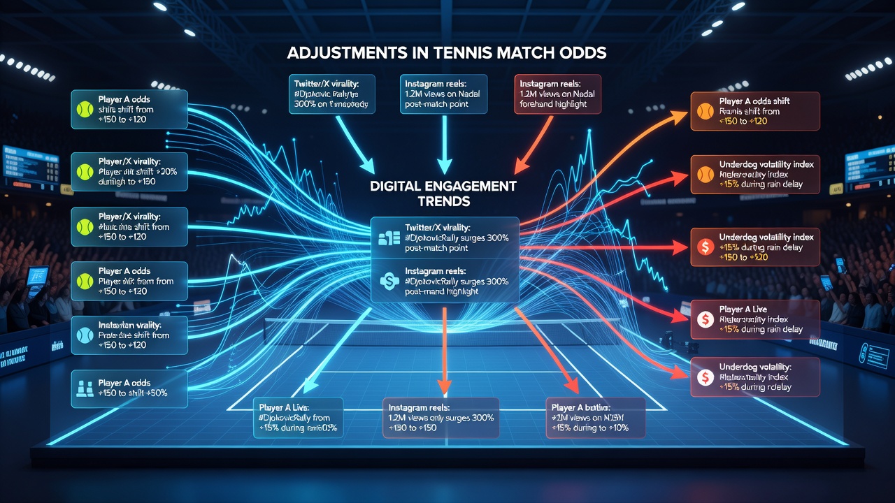 Tennis player in action with overlaid digital analytics graphs showing engagement versus odds movement