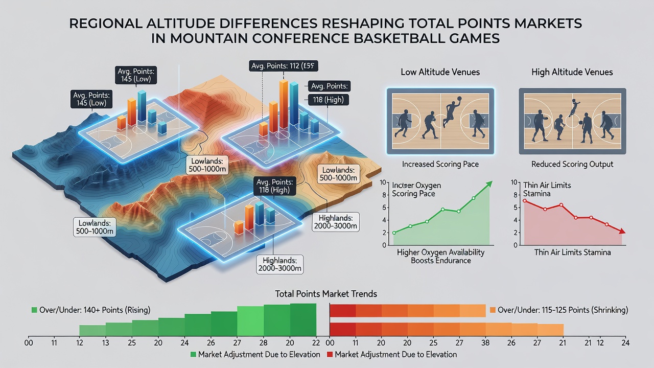 Infographic displaying scoring trends and market line movements for high-altitude basketball venues