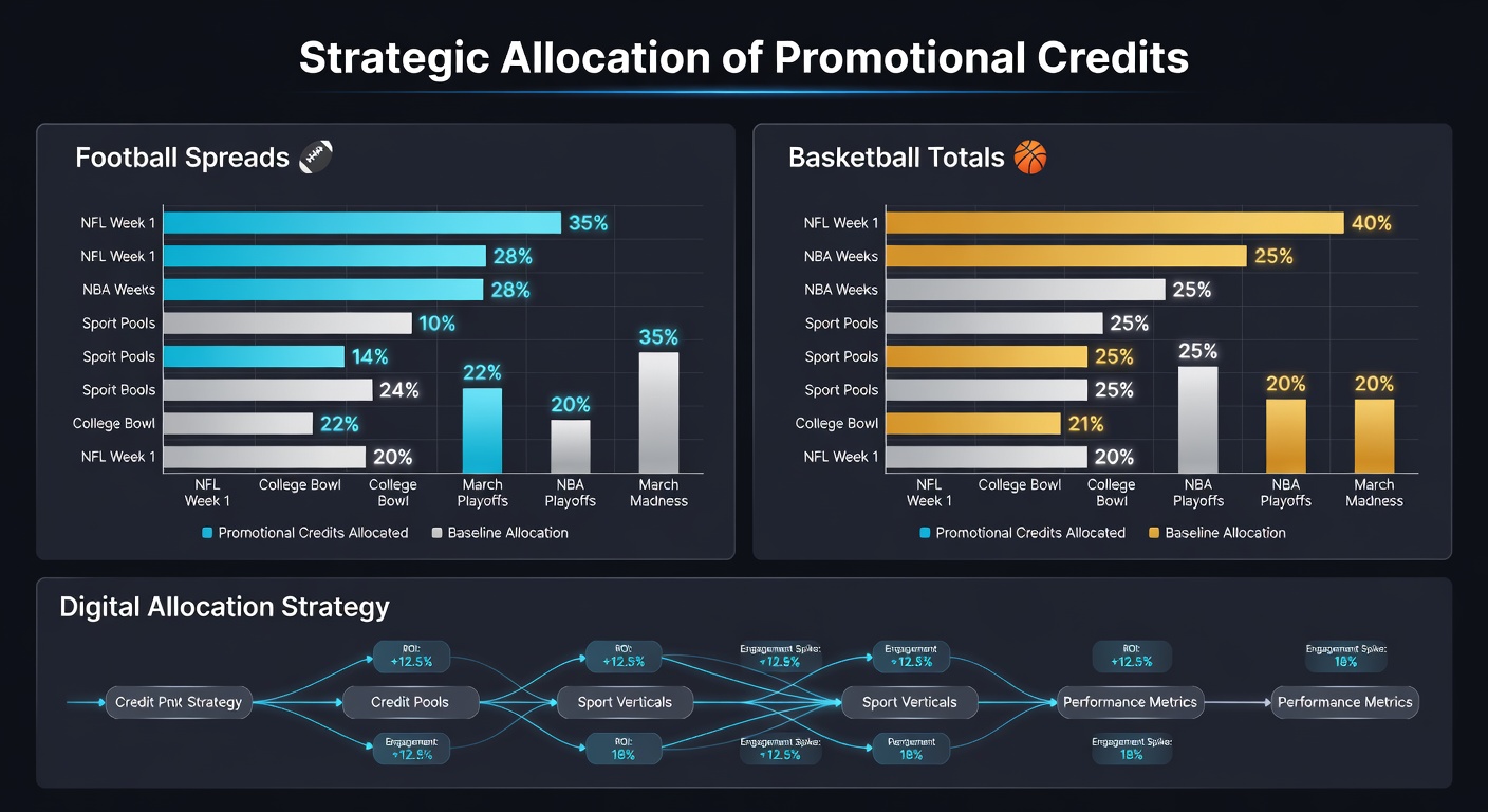 Analytics dashboard displaying credit distribution across basketball totals and football spreads