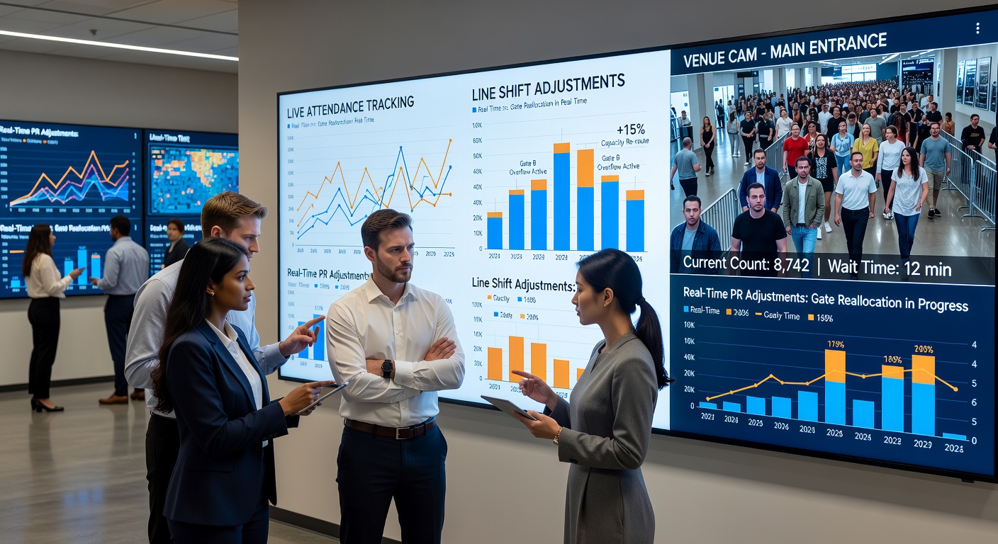 Data dashboard displaying real-time attendance metrics alongside shifting live betting lines and event pricing adjustments